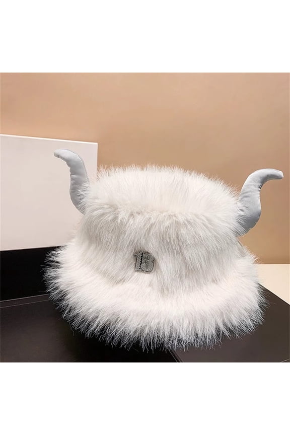 Faux Fur Bucket Hat with Fake Horn Design,Animal Theme Plush Ear Flap Cap for Winter and Spring, Adjustable Warm Soft Costume Hat for Snowboarding and Skiing,Unisex Funny Bull Head Shaped Novelty Hat
