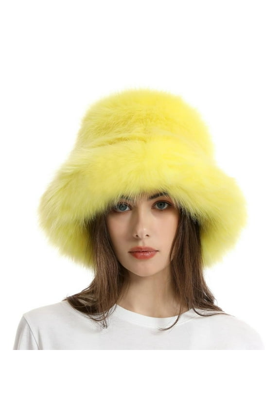 Faux Fur Bucket Hat for Women, Plush Fuzzy Winter Fisherman Hat with Adjustable Drawstring, Soft Warm Fleece Lined Fashion Hat for Cold Weather, Outdoor Activities and Daily Use - Yellow