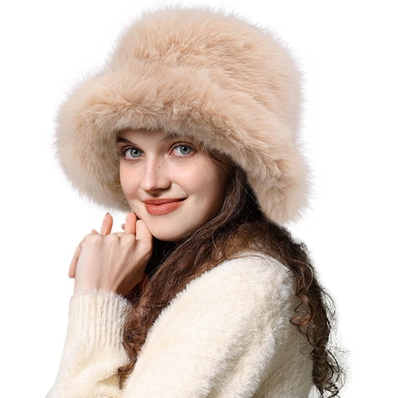 Faux Fur Bucket Hat for Women, Winter Warm Fluffy Russian Ushanka with Wide Brim and Polyester Lining for Cold Weather Outdoor Activities and Casual Wear