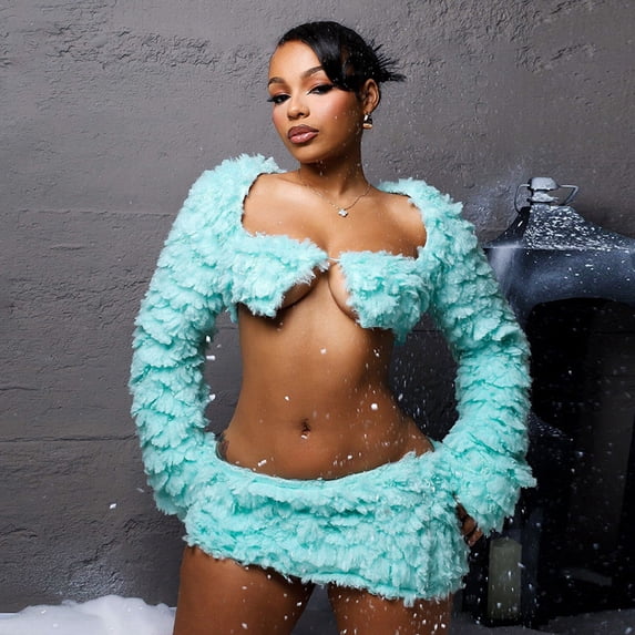 Faux Fur Cardigan & Skirt Set (M, MintBlue)