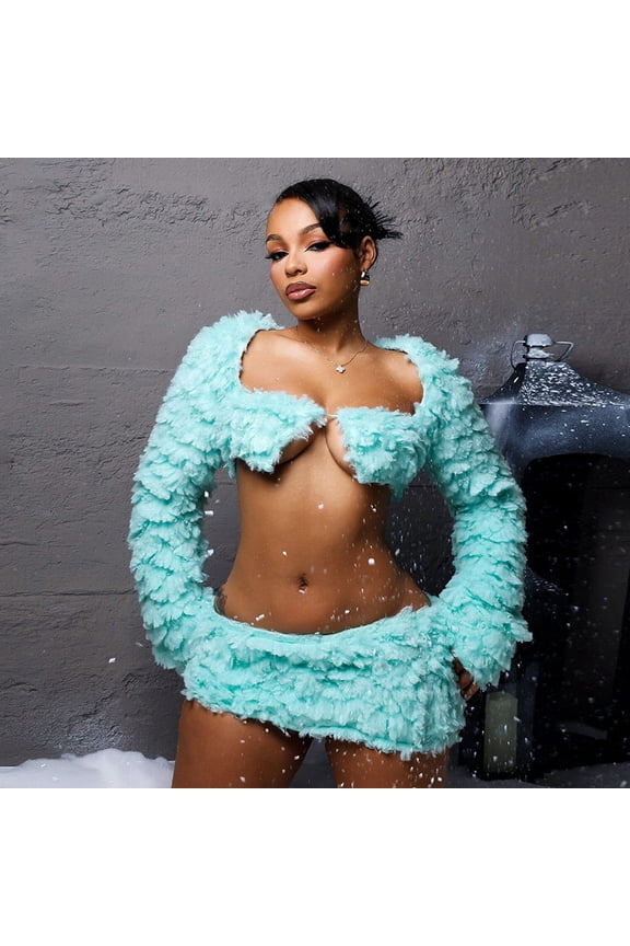 Faux Fur Cardigan & Skirt Set (S, MintBlue)