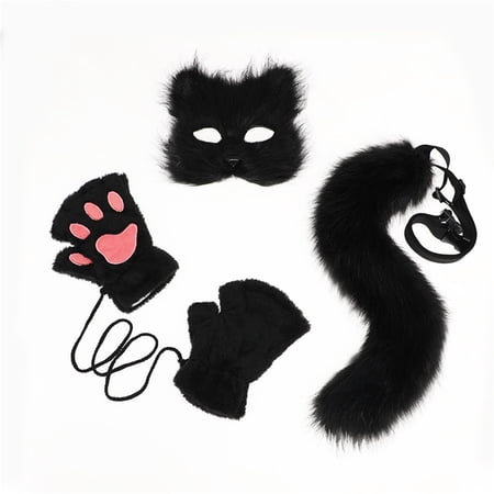 Faux Fur Cat Fox Mask with Long Tail Paws Costume Set, Anime Fox Suit,Halloween Cat Fursuit Cosplay Outfit
