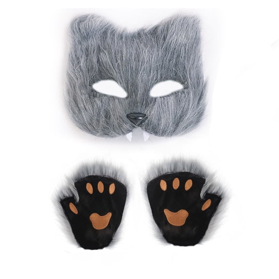 Faux Fur Cat Fox Teeth Mask Tail and Paw Set,Halloween Anime Wolf Furry Suit Plush Therian Accessories