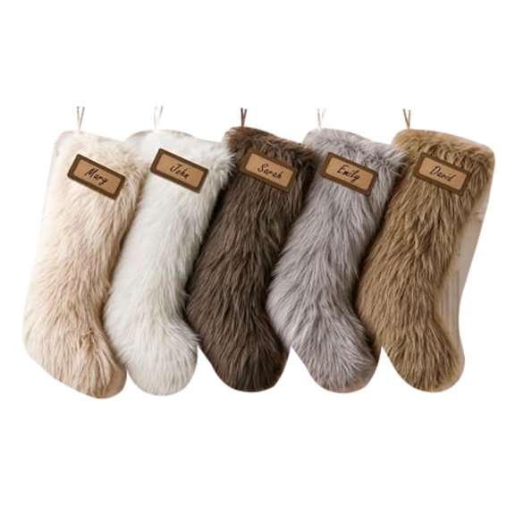 Faux Fur Christmas Stockings with Name Cards, 18-Inch, Neutral, 5 Count