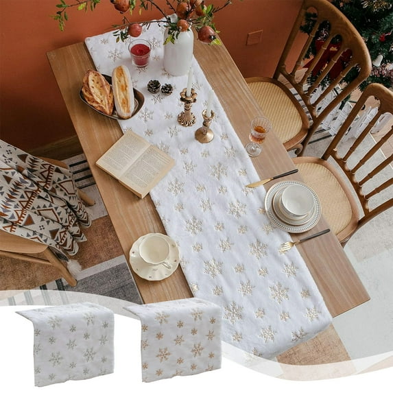 Faux Fur Christmas Table Runner with Silver Sequin Snowflakes, White Super Soft Thick Table Decoration for Winter Holiday Xmas Party, 13*70.8in