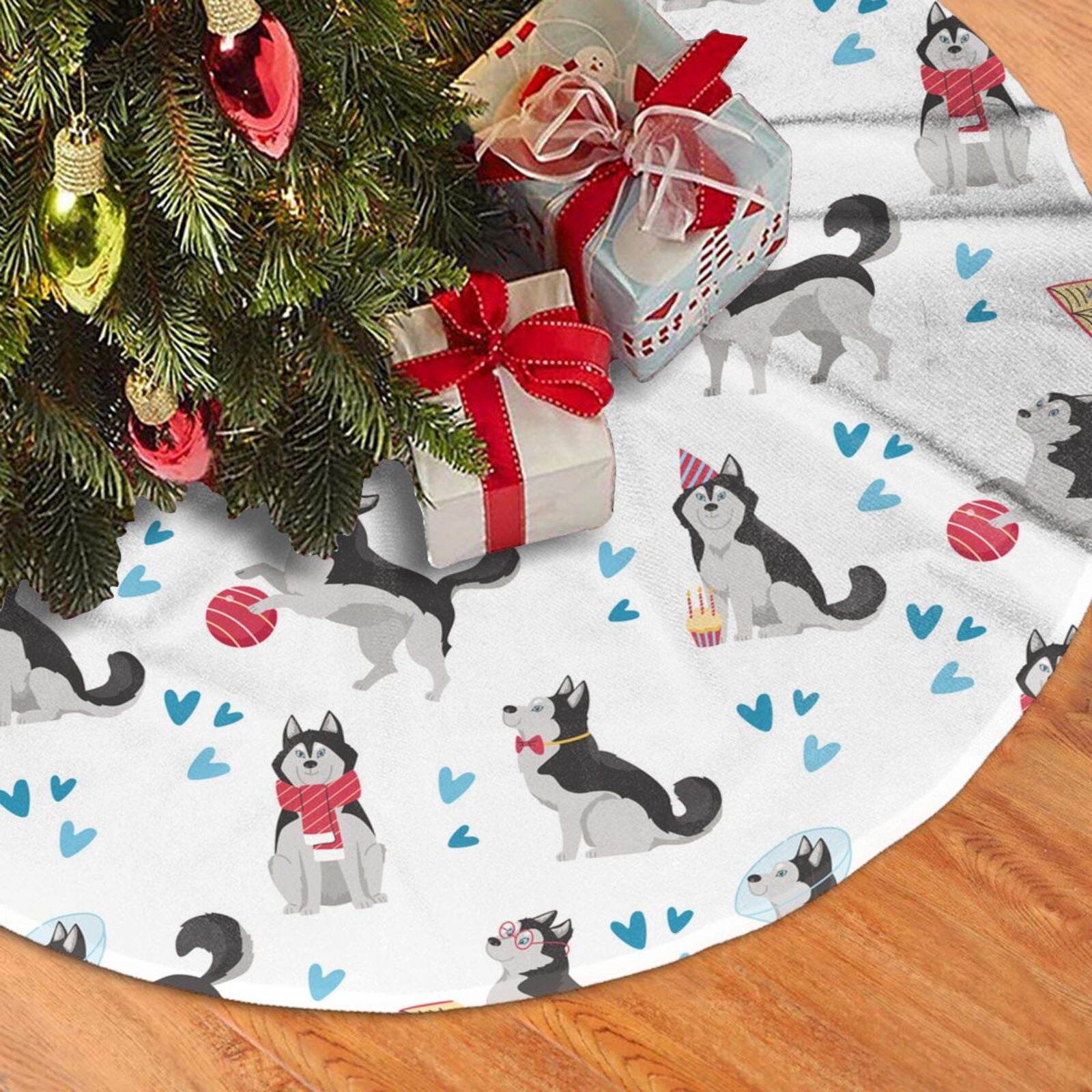 Faux Fur Christmas Tree Skirt, Cartoon Cute Husky Dog Funny Christmas