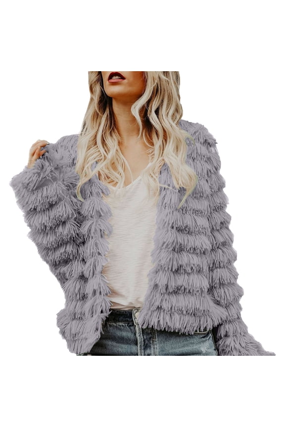 Faux Fur Coat Women, Yigetop Women's Solid Plush Coat Temperament Long Sleeve Cardigan Warm Top Fur Jacket Grey 2XL