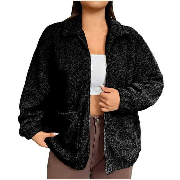 Faux-fur Coats for Women Winter Warm Long Sleeve Loose Jackets Full Zipper Stand Collar Fuzzy Fleece Sherpa Jacket (Black 4XL)