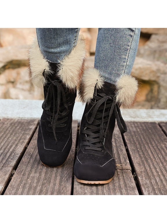 Faux Fur Collar Shoes, Womens Winter Ankle Boots, Faux Fur Collar Lace Up Fleece Lined Booties with Round Toe, Warm Insulated Snow Boots, Comfortable Cold Weather Footwear for Women