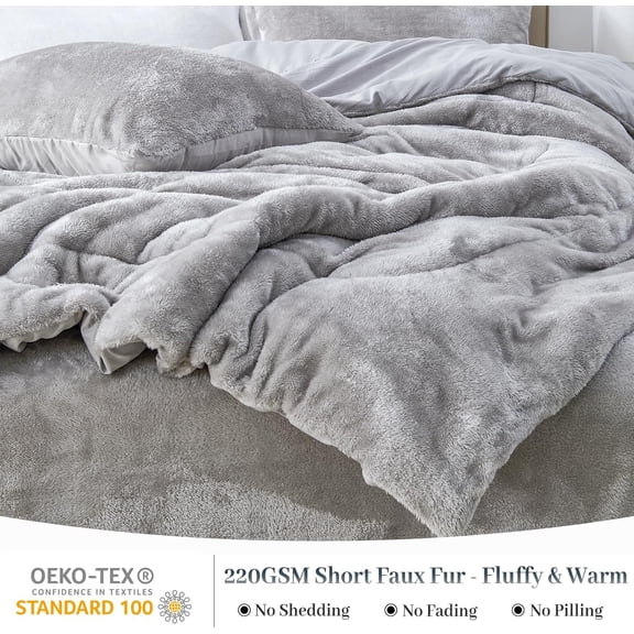 Faux Fur Comforter Set Queen Size with Fitted Sheet, Luxury Ultra Soft Fuzzy Comforter, Fluffy Plush Velvet Bedding Comforter Sets for Fall Winter, Cozy Warmth, No Shedding, 4PC, Grey