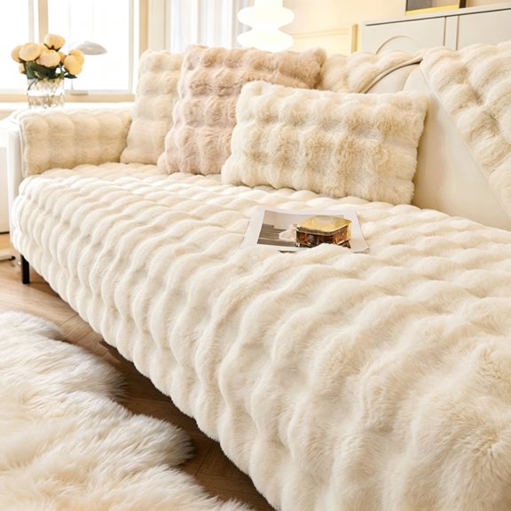 Faux Fur Couch Covers, Soft Warm Couch Cover Shaggy Fuzzy Sectional Sofa Cover Non-Slip Plush Sofa Slipcover Furniture Protector