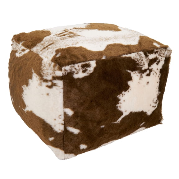 Faux Fur Cow Print Pouf, 20x20x14, Brown