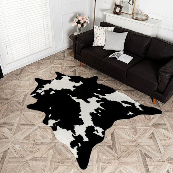 Faux Fur Cowhide Rugs for Living Room Black White Cow Print Leather Bedside Mats Wear Resistant Animal Carpet Home Decor 62.2 x 86.6inch