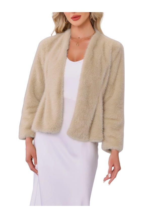 Faux Fur Cropped Jacket for Women Casual Long Sleeve Winter Coat Shaggy Warm Outerwear XS Champagne Gold