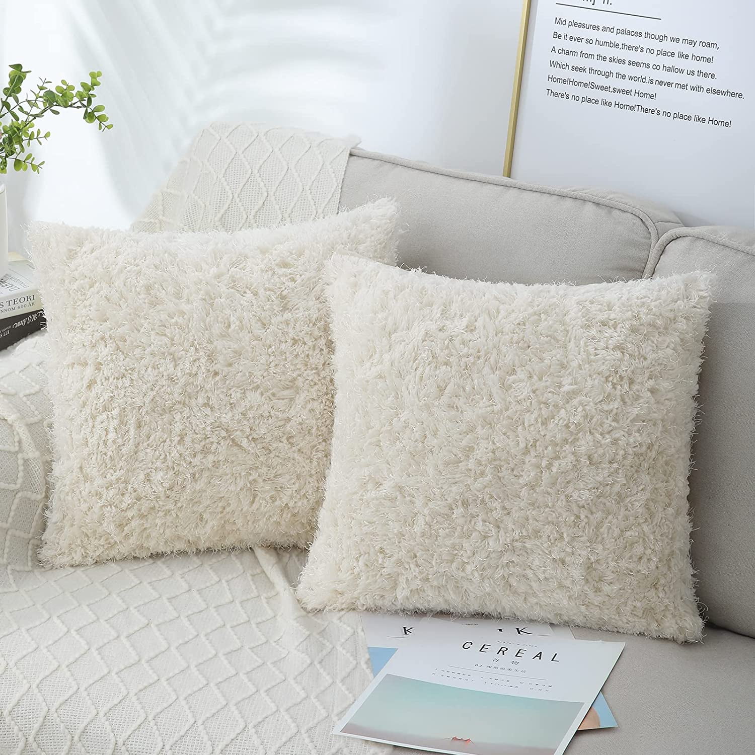 Faux Fur Decorative Throw Pillow Covers 20x20 Inch, Set of 2 Black