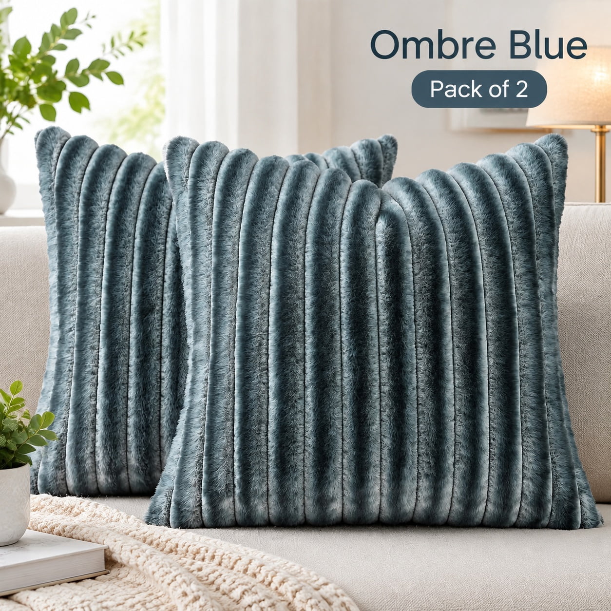 Faux Fur Decorative Throw Pillow Covers 20x20 Set of 2, Ombre Blue