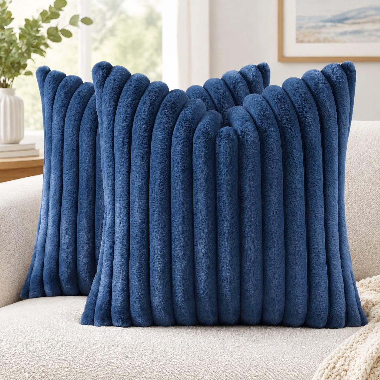 Faux Fur Decorative Throw Pillow Covers 22x22 Set of 2, Navy Blue