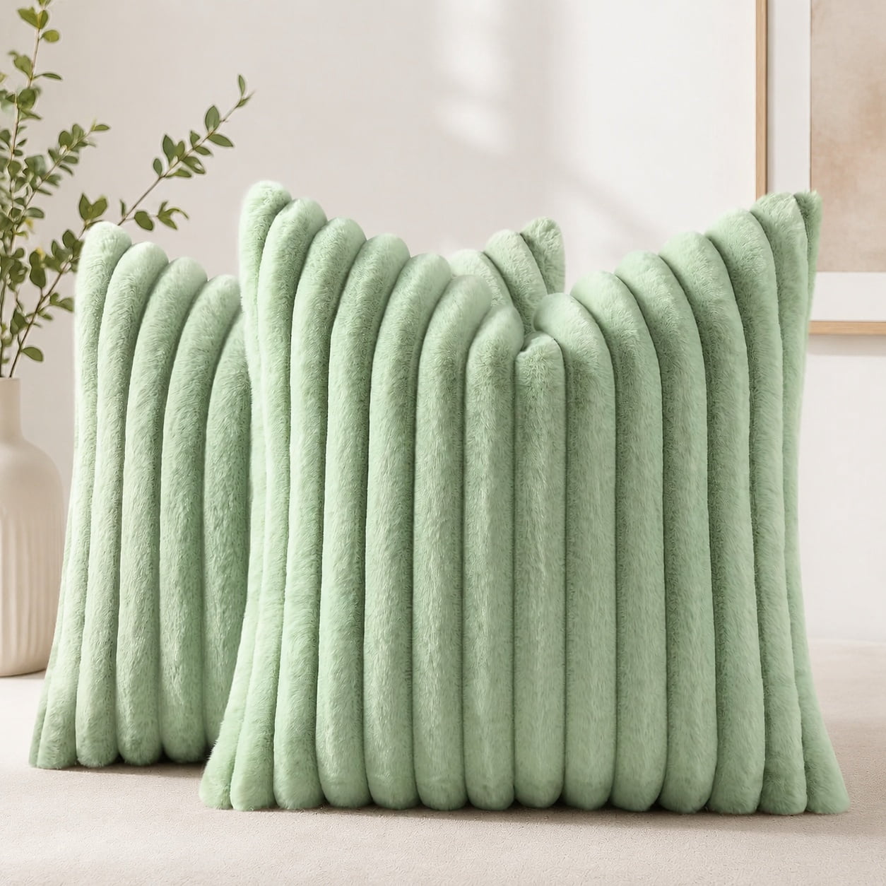 Faux Fur Decorative Throw Pillow Covers 24x24 Set of 2, Sage Green