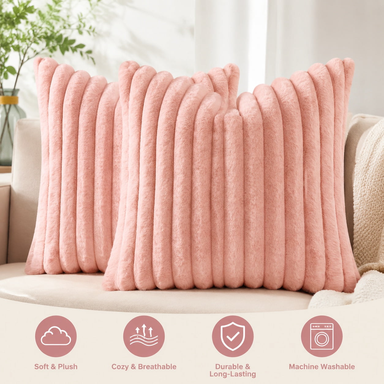Faux Fur Decorative Throw Pillow Covers 24x24 Set of 2 Pink | Plush