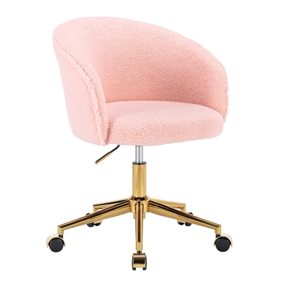Faux Fur Desk Chair, Adjustable Height Swivel Office Chair with Armrests for Home Office and Bedroom, Pink and Silver Base