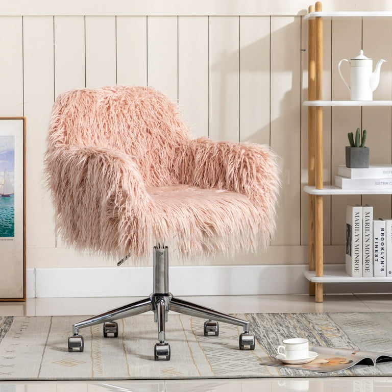 Faux Fur Desk Chair, Cute Fluffy Upholstered Padded Seat, Vanity Accent  Modern Height Adjustable Swivel Arm Decorative Furniture for Living Room