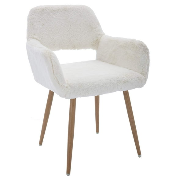 Faux Fur Desk Chair for Home Office, No Wheels Armchair with Hollow Backrest, Plush Vanity Chair for Dressing Room, Sturdy Wood Frame and Metal Legs, White