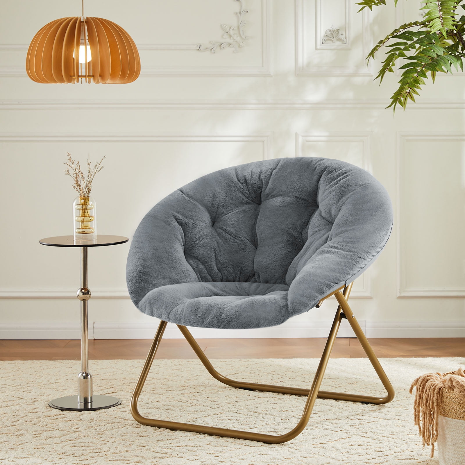 Faux Fur Disc Chair for Living Room and Bedroom, Comfortable Round Lounge Seat, Adult Size