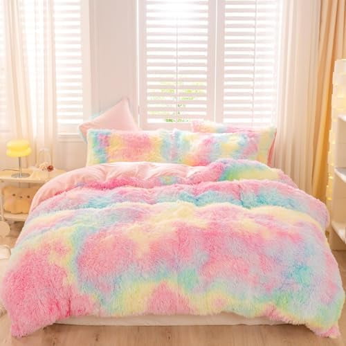 Faux Fur Duvet Covers Full Size Rainbow Tie-dye Comforter Cover Set for Girls 3 Pcs Fluffy Colorful Ombre Plush Shaggy Bed Sets for Teens Women (Rainbow,Full)