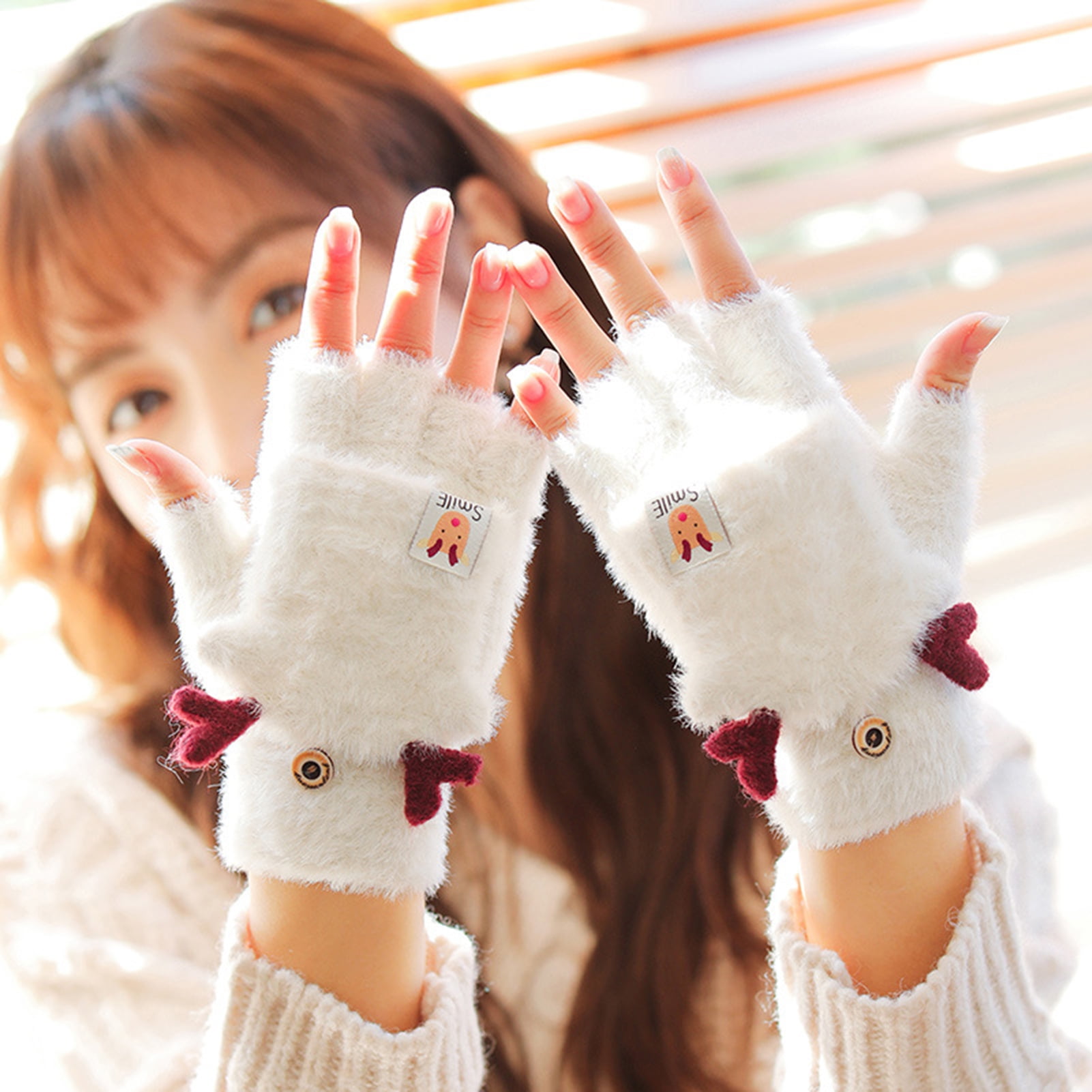 Faux Fur Fingerless Gloves Flip Cover Mittens Winter Warm Soft Half Finger  Mittens Faux Fuzzy Lined Wool Convertible Fingerless Gloves for Women Girls  