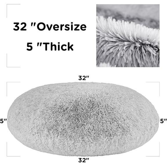 Faux Fur Floor Pillows, Fluffy Large Round Cushions Sitting for Adults, Decorative Fuzzy Pillow for Fireplace,Dog Beds, Christmas, 32 Inch, Light Grey
