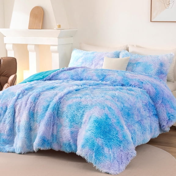 Faux Fur Fluffy Comforter Set Queen Size 3 Pieces Blue Rainbow Bedding Set for Girls Tie Dye Furry Fuzzy Bed Comforter with Pillowcases