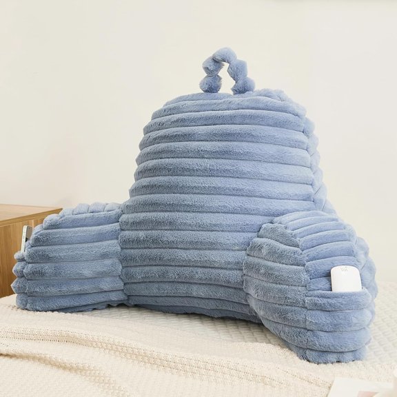Faux Fur Fluffy Dusty Blue Reading Pillow with Pockets, Luxury Striped Plush Decorative, Arm Rests and Back Support for Bed Rest, Lounging on Sofa, Extra Large Size for Adult.