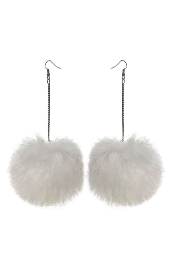 Faux Fur Fluffy Pom Pom Chain Drop Earrings, Dangling Style