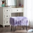 thumbnail image 1 of Faux Fur Foot Stool Ottoman – Upholstered Vanity Chair w/Natural Wood Legs - Soft Compact Padded Seat for Makeup Room, Living Room, Bedroom – Decorative Accent Furniture Lavender, 1 of 20