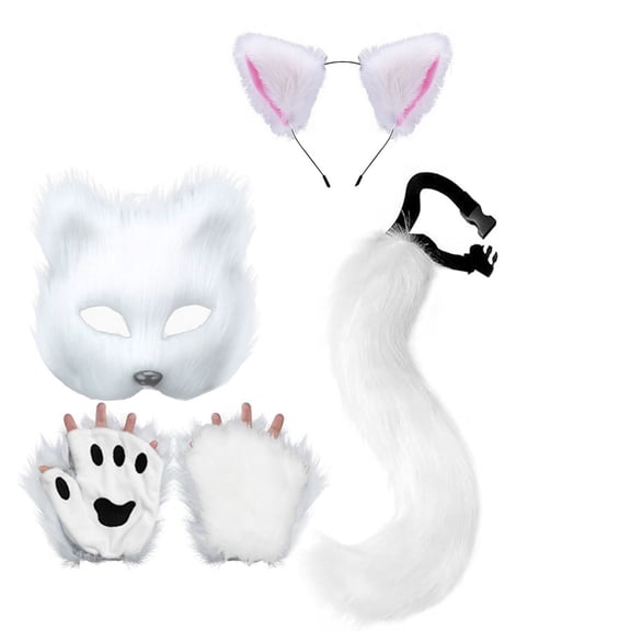 Faux Fur Fox Tail Cat Wolf Mask Paw Tail Set, Plush Anime Animal Mask Ear Headband Fluffy Paw Gloves Halloween Christmas Party