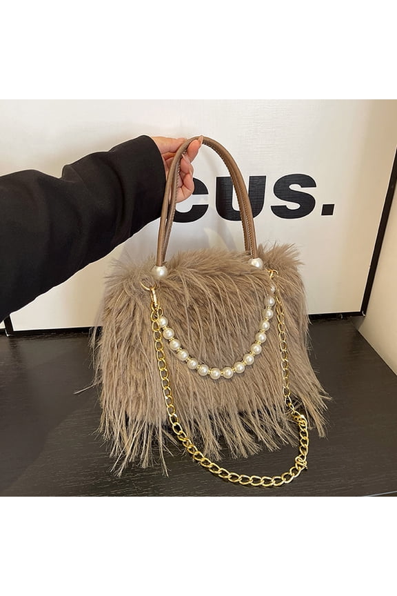 Faux Fur Fringe Tote Bag with Pearl & Gold Chain, Fluffy Handbag with Top Handle & Crossbody Strap for Women
