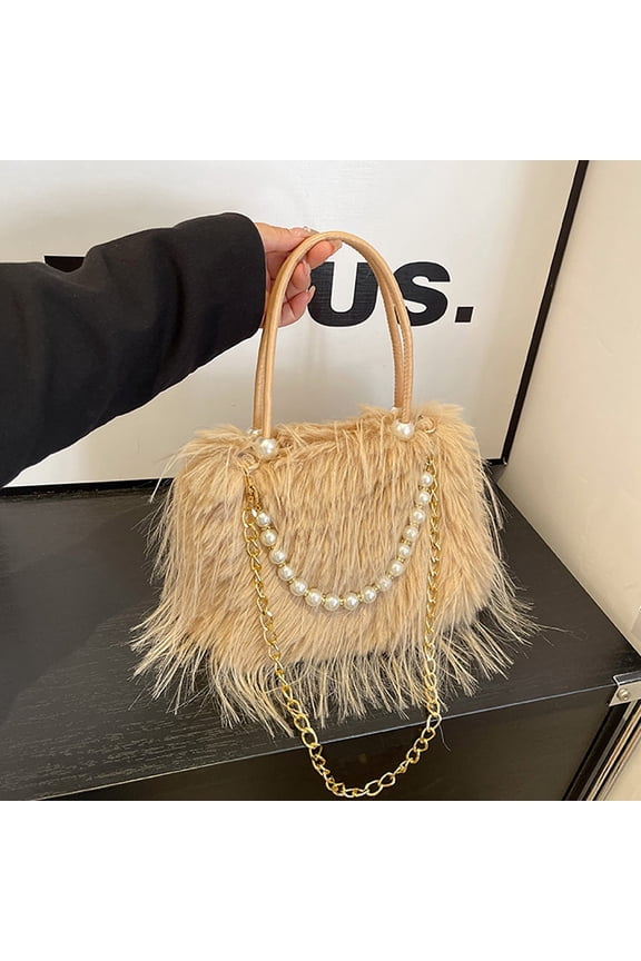 Faux Fur Fringe Tote Bag with Pearl & Gold Chain, Fluffy Handbag with Top Handle & Crossbody Strap for Women