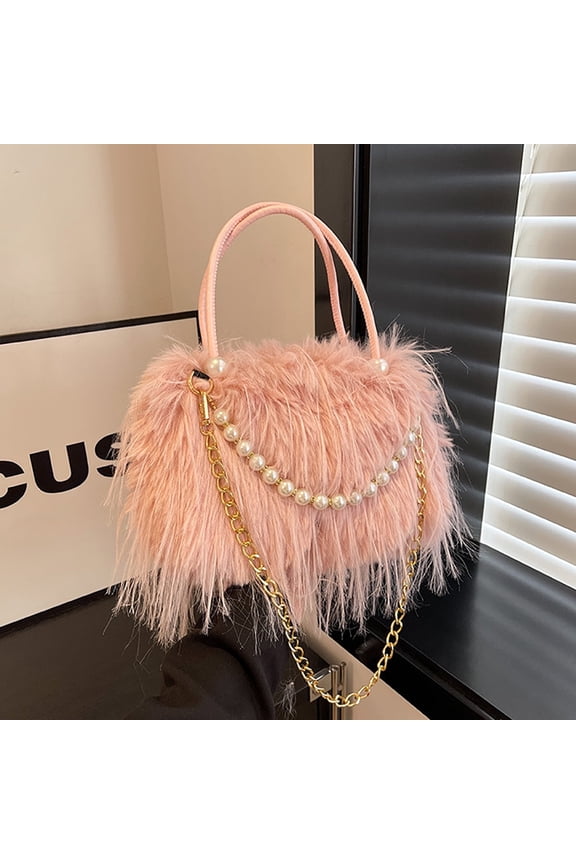 Faux Fur Fringe Tote Bag with Pearl & Gold Chain, Fluffy Handbag with Top Handle & Crossbody Strap for Women