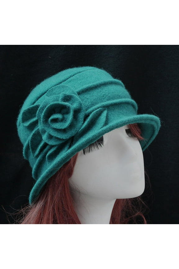 Faux Fur Hat Women's Ladies Elegant Wool Flower Hat Winter Vintage Cloche Bucket Cap Green