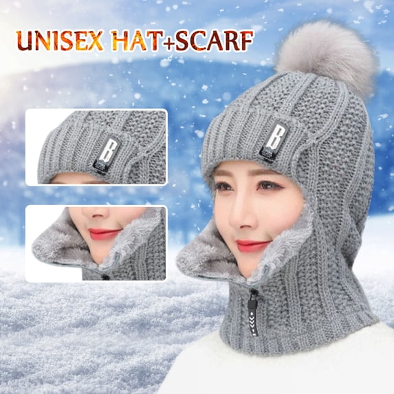 Faux Fur Hat Womens Earmuffs Add Flocking Thermal Cycling Warm Winter Hat Knitting Scarf Grey