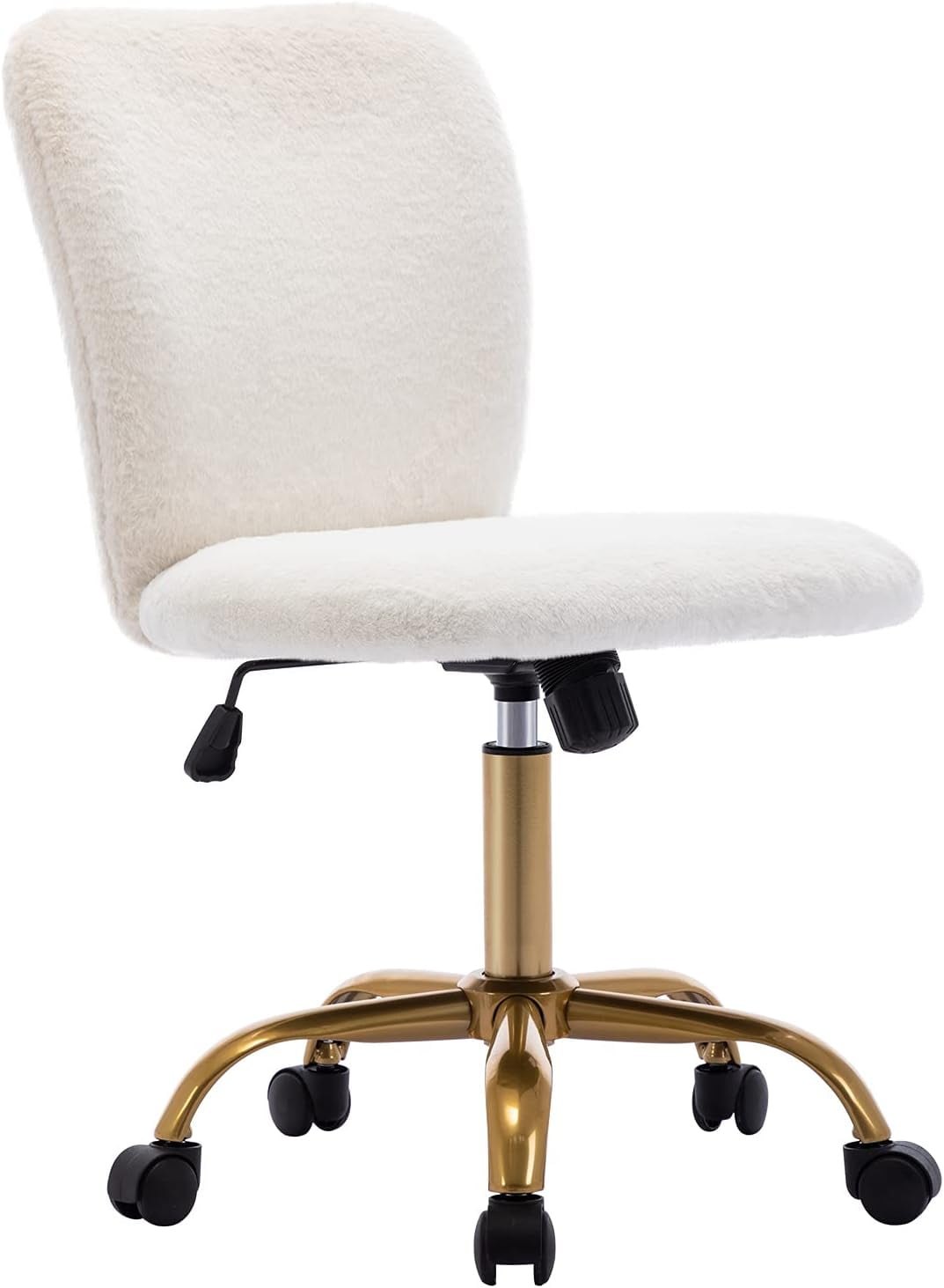 Faux Fur Home Office Desk Chair, Modern Fluffy Fuzzy Vanity Chair with Wheels Golden Base Height
