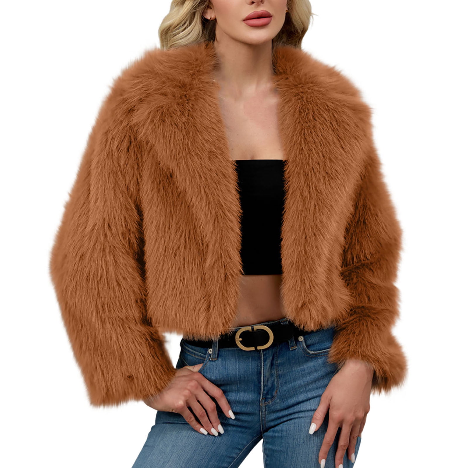 Faux Fur Jacket for Women Long Sleeve Coat Lapel Cropped Tops Fluffy Fashion  Clothing Vacation Short Coats Shaggy Parka Garments Sexy Comfy Outwear  Trendy Overcoat - Walmart.com