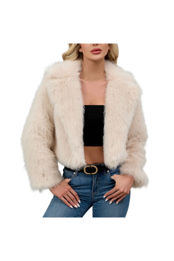 Faux Fur Jacket for Women Long Sleeve Coat Lapel Cropped Tops Fluffy Fashion Clothing Vacation Short Coats Shaggy Parka Garments Sexy Comfy Outwear Trendy Overcoat