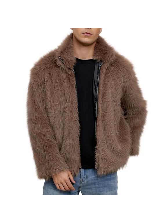 Faux Fur Jacket for Mens Zip Up Lapel Fluffy Furry Coats Long Sleeve Warm Winter Outerwear Lightweight Overcoat
