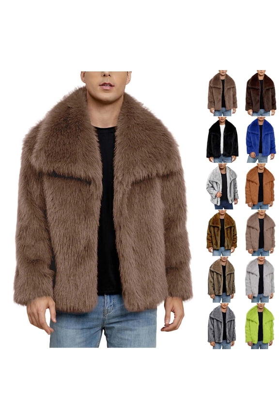 Faux Fur Jacket for Mens Zip Up Lapel Fluffy Furry Coats Long Sleeve Warm Winter Outerwear Lightweight Overcoat