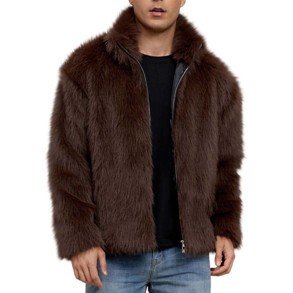 Faux Fur Jackets For Men Lapel Front Zipper Solid Color Long Sleeve Cardigan Thermal Casual Fuzzy Winter Outwear (3XL, Coffee)
