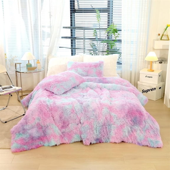 Faux Fur Kids Girls Rainbow Comforter Sets Twin/Full - 3PC Bed Set