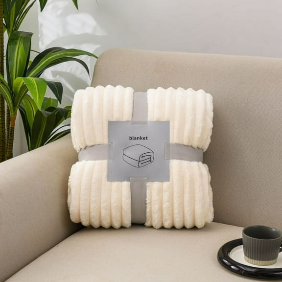 Faux Fur King Blanket for Couch - Luxurious Faux Rabbit Fur Bed Blanket Reversible - Cozy Warm Fluffy Fuzzy Plush Striped Blanket for Sofa Bedroom Living Room - 90x106 Inches Ivory White