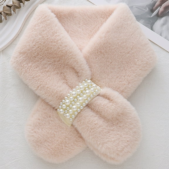 Faux Fur Knit Scarf for Women, Thickened Fleece Neck Warmer, Winter Solid Color Shawl(Beige)