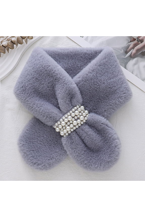 Faux Fur Knit Scarf for Women, Thickened Fleece Neck Warmer, Winter Solid Color Shawl(Light Gray)